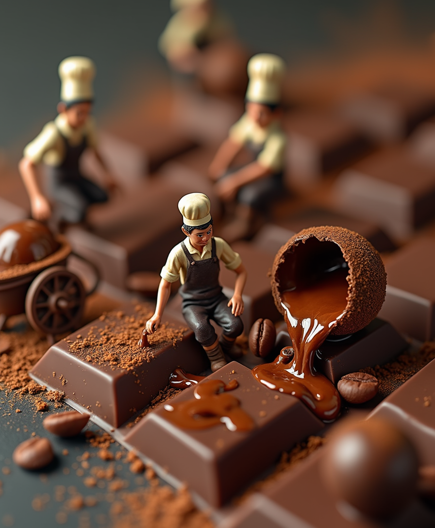 small chocolatiers work inside
a partially broken chocolate bar
treating it like a large-scale
factory some stir the melted chocolate in small vats
while others carry cocoa beans in wheelbarrows or wrap
small pralines the smooth, shiny texture of the chocolate contrasts with the
cocoa dust in the air the workers wear small aprons and
chef hats with chocolate flecks
on their faces and tools the warm, rich golden lighting enhances
the dark brown tones creating a
cozy yet industrial feel a
macro perspective with shallow depth of field focuses on the workers
while the background is softly blurred to highlight the
realistic textures of the chocolate and the
tools