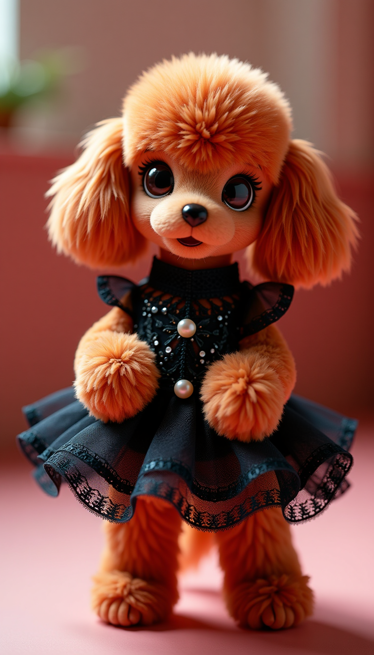 Example: "A cute red toy poodle with big round eyes