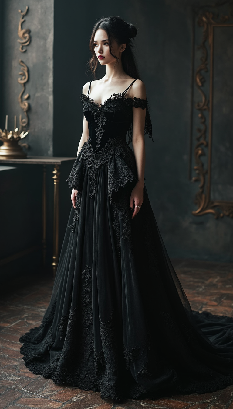 Dramatic, high-contrast, fashion photography featuring a stunning black Gothic-inspired evening gown, meticulously crafted with intricate lace, velvet, and ornate details, showcased against a dark, mysterious, and luxurious backdrop, with subtle, moody lighting accentuating the opulent textures and folds of the garment, capturing the essence of high-end couture and sophistication, with the model's slender figure and elegant posture exuding confidence and refinement, her porcelain skin and raven-haired locks a striking contrast to the dramatic, floor-sweeping silhouette, the overall mood evoking Old World romance and mystique, perfect for high-end fashion marketplaces and editorial spreads.