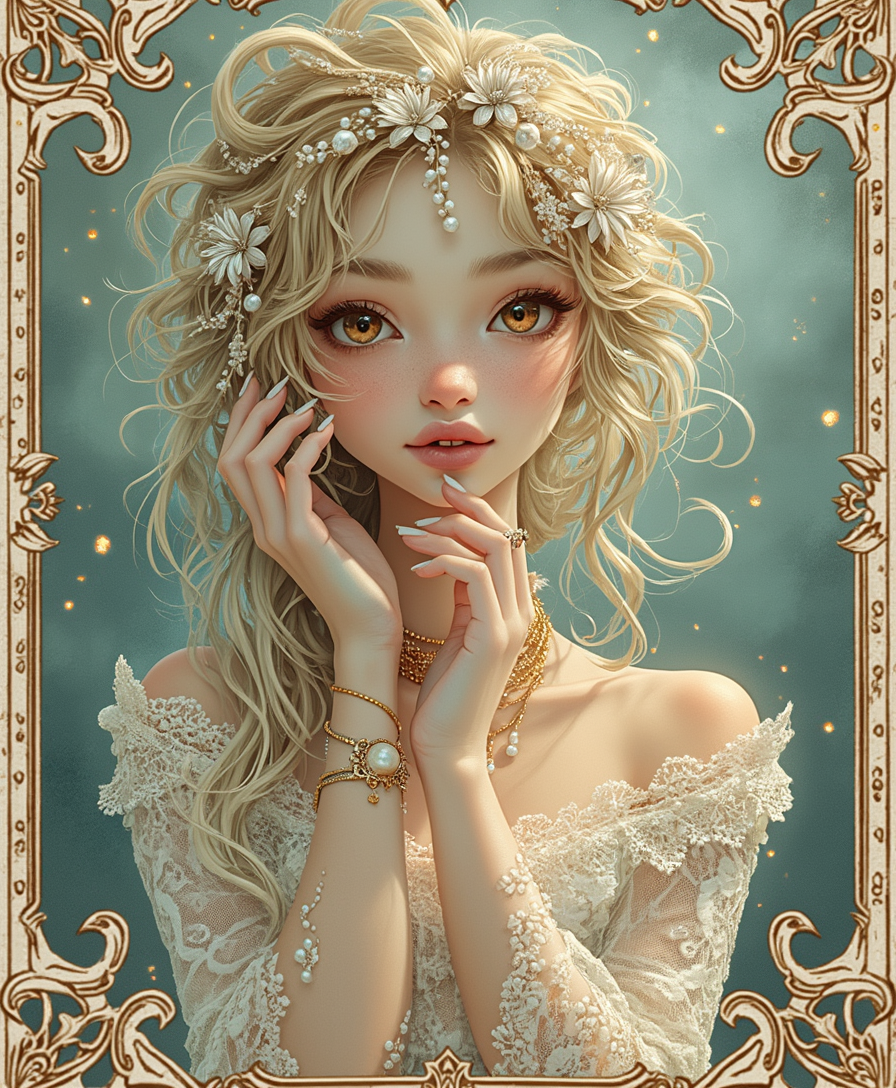 A whimsical Tarot card-inspired illustration featuring a beautiful, ornate card with intricate Gothic details, shimmering with a touch of glittering magic, evoking a sense of mystique and wonder, reminiscent of a vintage trump card, with a soft, dreamy quality, adorned with delicate lace-like patterns, pearls, and subtle, muted colors, predominantly in shades of creamy whites, soft pinks, and powder blues, with hints of gold and bronze accents, exuding an aura of mysticism and enchantment, with subtle sparkles and glints that seem to dance across the surface, inviting the viewer to step into a world of mystic wonder and curiosity.