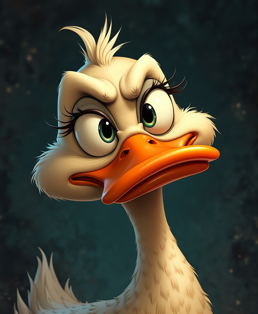 A highly detailed, close-up digital illustration of a cartoon duck displaying a skeptical expression, characterized by exaggerated facial features, oversized, rounded eyes with thick eyelashes, and a vibrant, elongated orange beak, set against a dark, richly textured background with subtle gradient effects, allowing the duck's features to take center stage, with bold, crisp lines and smooth, blended shading creating a dynamic visual contrast.