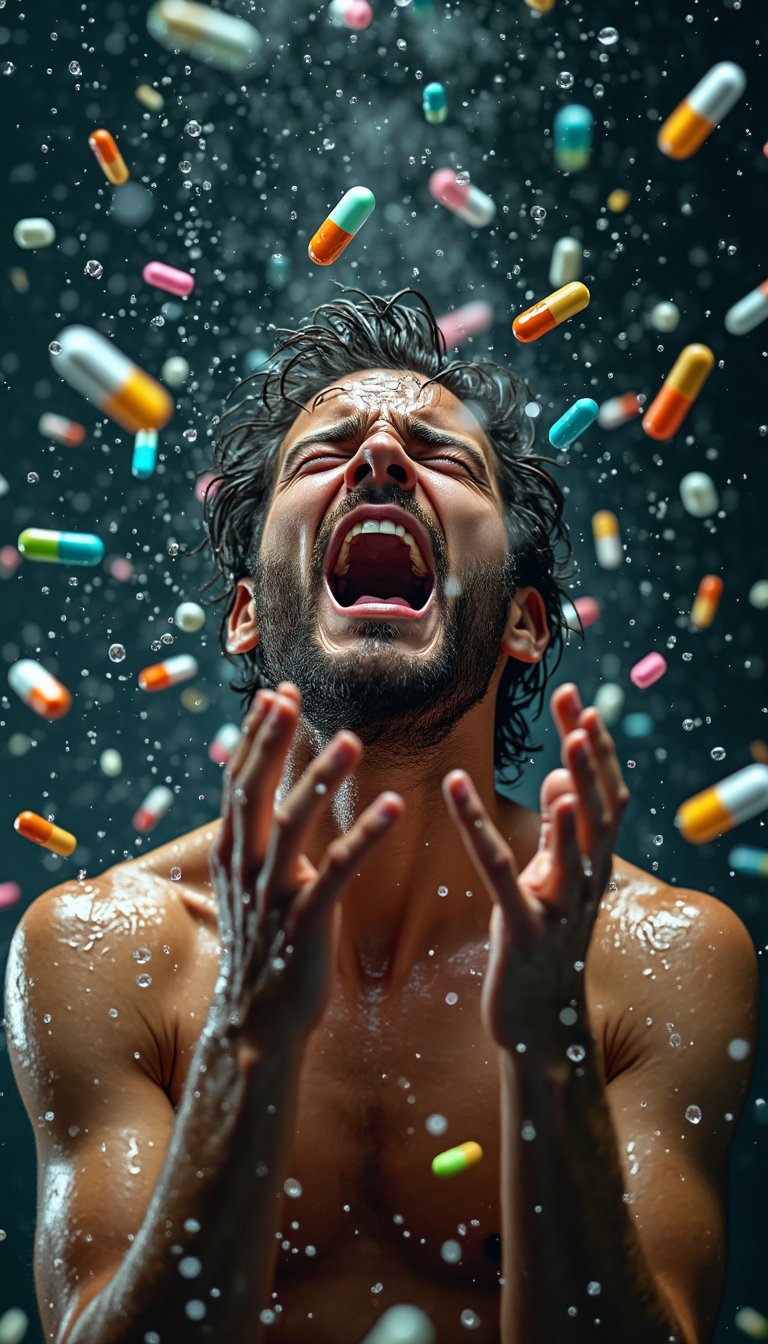 A distressed man with wet hair, holding his head in frustration and screaming, surrounded by colorful pills and capsules floating dynamically in mid-air. Water drips from his face and body, adding to the dramatic intensity of the scene. The lighting is cinematic, with vibrant highlights reflecting off the water droplets and the shiny capsules. The background is dark and blurred, creating a surreal and chaotic atmosphere while emphasizing the man's emotional expression and the vibrant colors of the pills. The composition is vertical and highly detailed.