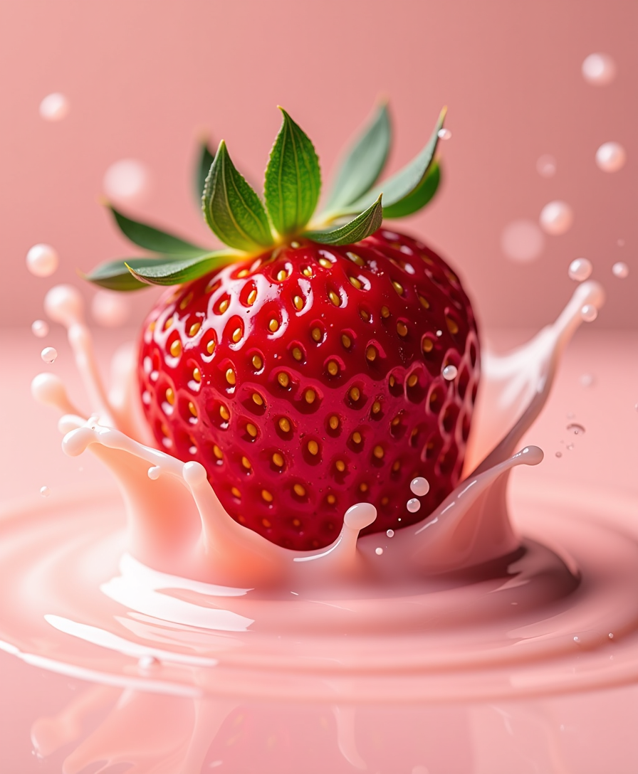 A plump, vibrant, ripe red strawberry, glistening with dew, plummeting from above, its delicate green leafy crown still attached, tiny juice droplets spraying in all directions like miniature diamonds, as it splashes into a smooth, creamy, pastel pink strawberry juice, creating a mesmerizing, circular ripple effect, capturing the precise moment of impact, with an ultra-sharp, high-speed photography effect, rendered in stunning, pin-sharp, ultra-HD 4K resolution, with intense, vivid colors and remarkable textures, conveying a sense of dynamic movement and energy.