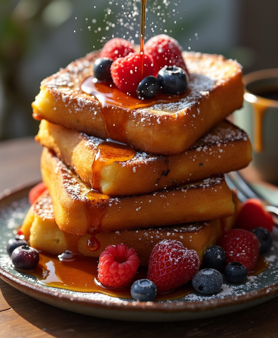 A stack of golden, fluffy French toast stacked high on a rustic plate, with a dusting of powdered sugar on top. The edges are slightly crispy, while the inside is soft and tender, with a hint of cinnamon. A generous drizzle of rich maple syrup cascades down the sides, pooling at the base. Fresh berries, like strawberries, blueberries, and raspberries, are scattered around the plate, adding vibrant color and a touch of freshness. The warm, inviting scene is bathed in soft morning light, with a cup of coffee placed beside the plate, completing the cozy breakfast vibe.
