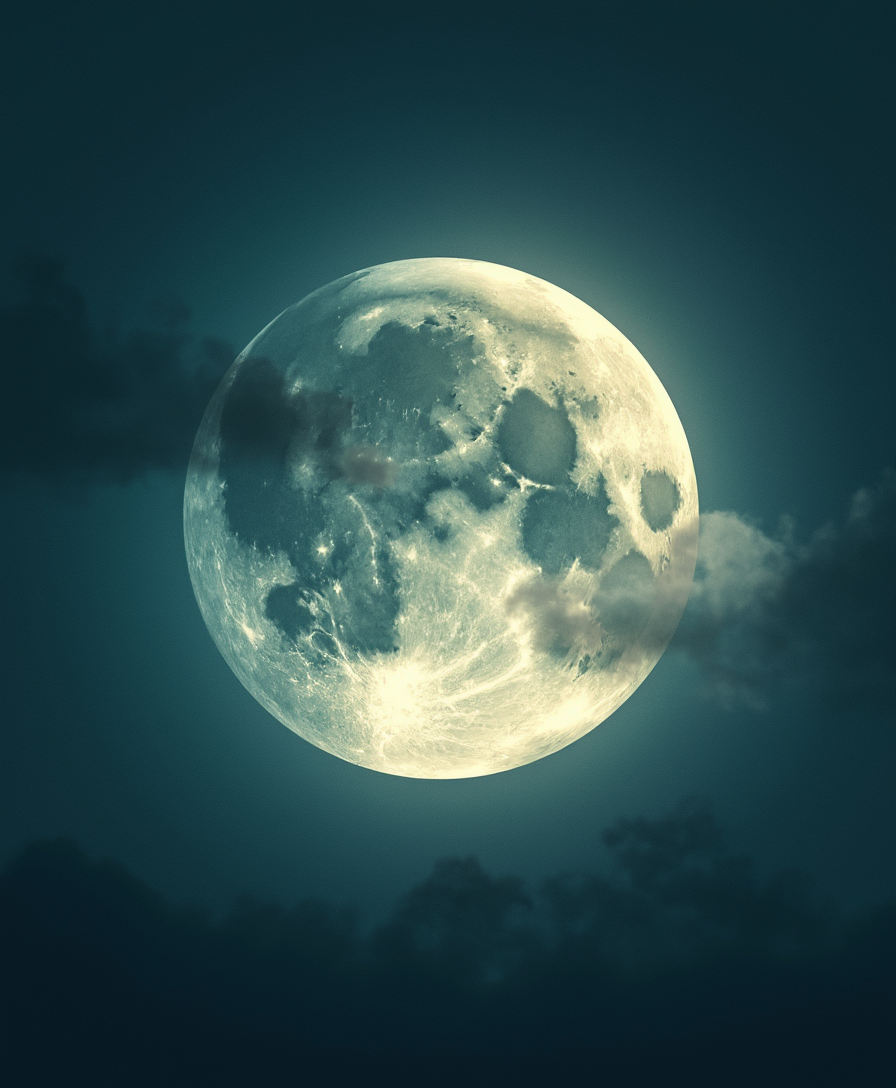 A serene and majestic full moon, illuminated against a dark cyan night sky, its luminous cratered surface rendered in soft, ethereal shades of gray and white, with hints of cream and beige, surrounded by a subtle, starry expanse, perhaps with a few wispy clouds drifting across its face, all within a simple, uncluttered composition that draws the viewer's gaze directly to the moon's tranquil beauty.