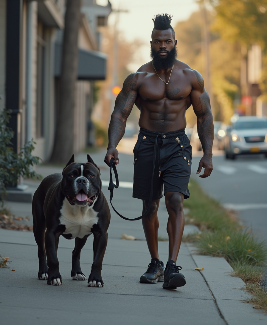 black man walking his pet bulldog on the sidewalk. both are looking mean. man is very big and muscular. man has a high top fade. 