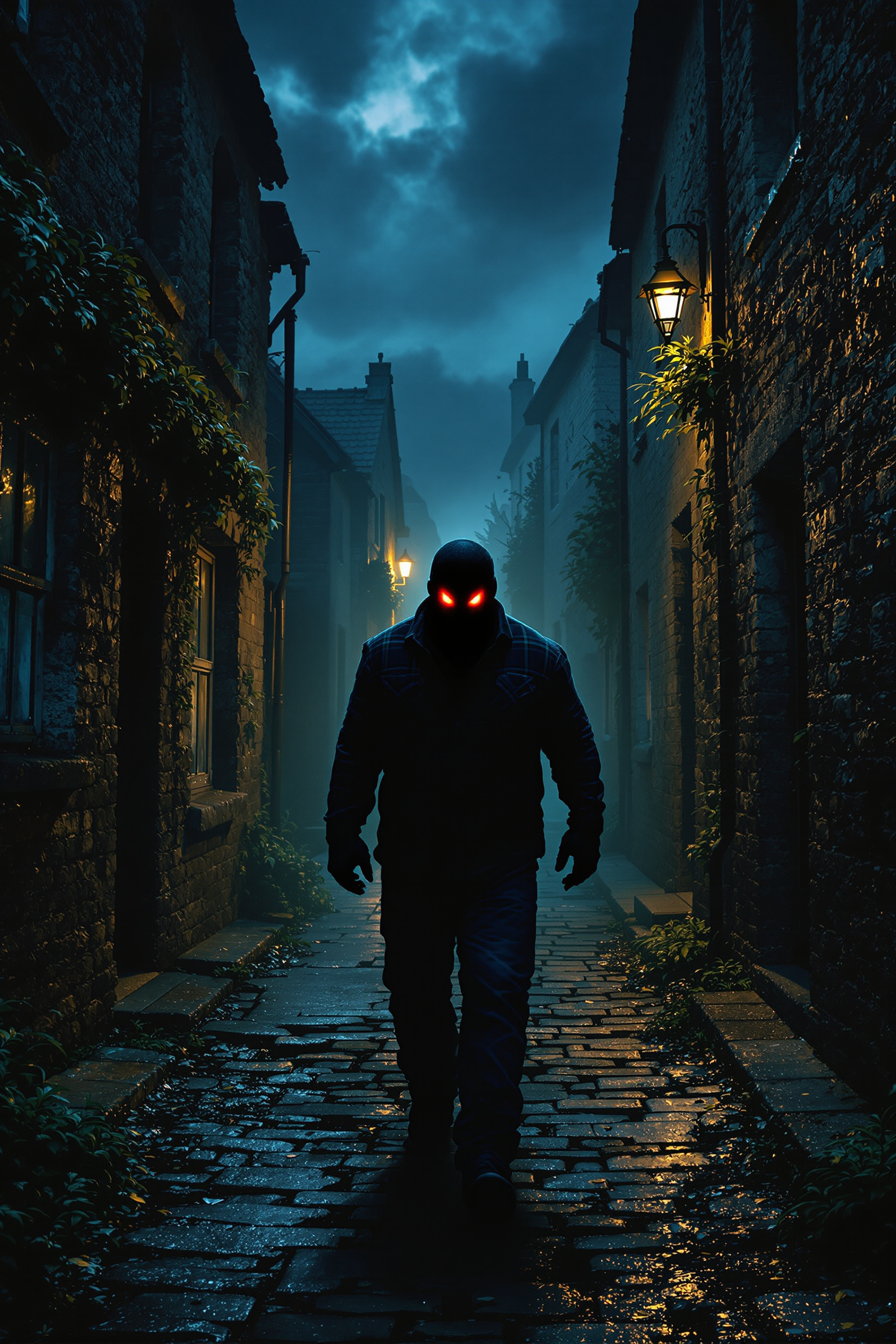 A large man, wearing a plaid shirt and blue jeans, walks down a alleyway in a small irish village late at night.  In front of him, a man made of shadows, with glowing red eyes, waits for him
