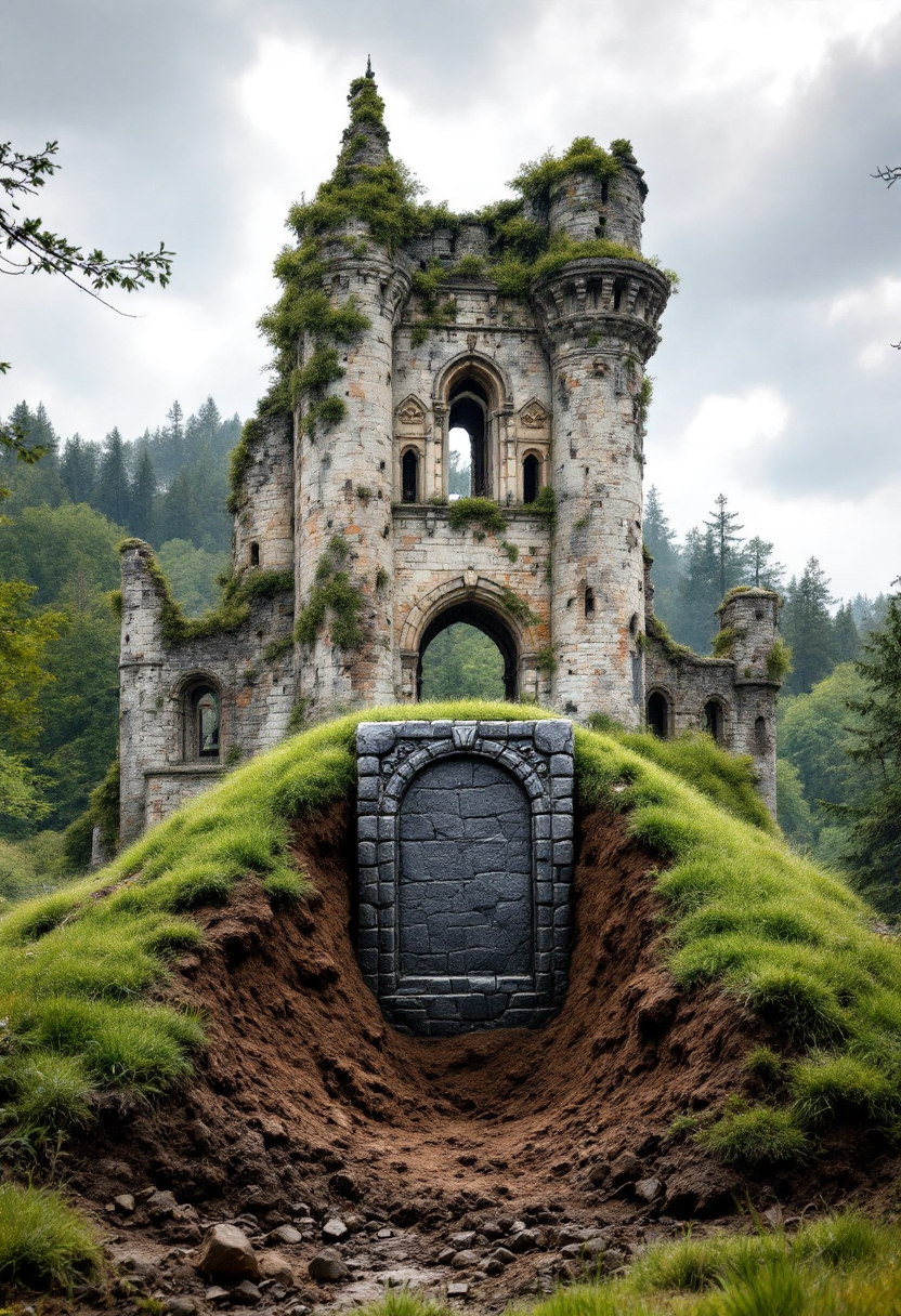 A ancient, crumbling ruins of a    small castle stand in the background of the image. The castle is surrounded by trees and forest.  In the foreground is a mound of dirt covered in grass.  A bulldozer is starting to dig up the ground in front of the mound.   Buried in the mound of dirt is a black stone door