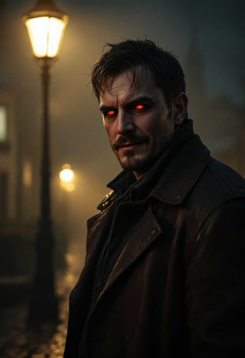In the heart of a **misty Irish village** at night, under the **flickering light of a streetlamp**, stands a **tall, broad-shouldered Irishman** with **short, unkempt dark hair** and a **five o'clock shadow**. He wears a **slightly disheveled, dark brown leather jacket**, its texture reflecting the dim light in a way that hints at its worn history. His **eyes are dark and hollow**, with an unsettling depth that seems to **swallow the light**, revealing **red pupils** that pierce through the gloom. His **smile** is **eerily perfect**, too symmetrical, **as if carved into a mask**, while his **stance** suggests an **otherworldly control** over his form, as if he's merely **wearing human skin** as a **costume**. 

The **mood** is **ominous and surreal**, with the **village's cobblestone streets** glistening from the **recent rain**, the **streetlight casting long, distorted shadows** behind him. The **lighting** is **low-key**, emphasizing the **contrasts** between light and shadow, creating an **atmosphere of unease**. The **camera angle** is **slightly low**, looking up at him, giving him an imposing presence. The **composition** is **asymmetrical**, with the man positioned off-center, allowing the **elongated shadow** to stretch towards the frame's edge, suggesting an **unnatural extension** of his presence into the viewer's space. 

**Artistic style** would be **noir with elements of surrealism**, capturing the **uncanny valley** between human and otherworldly. Use **chiaroscuro** lighting to enhance the **mysterious** and **eerie** ambiance, and ensure the **details** of his attire, like the **leather jacket**, are rendered with **hyperrealistic texture**, juxtaposed against the **surreal elements** of his eyes and shadow.