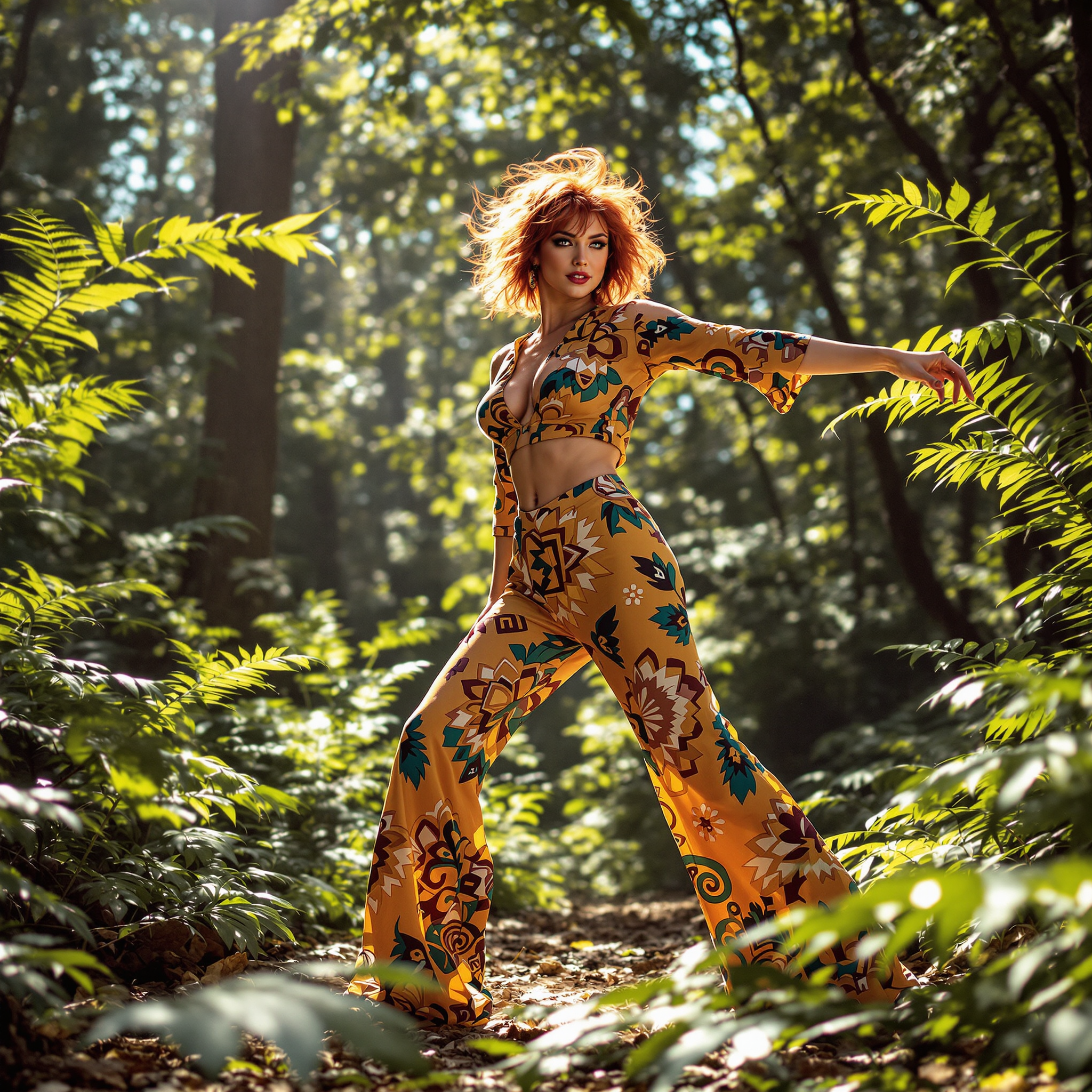 A dynamic scene set in a sun-dappled glade within a forest, where a 40-year-old woman with short, fiery red, messy hair and a pear-shaped figure strikes a provocative pose mid-dance. She wears a bold, patterned bohemian top and matching trousers, both in vibrant, saturated colors with artful cutouts, embodying the daring fashion of the 1970s. Her outfit reflects the era's free-spirited and liberated aesthetic. The composition captures her in motion, surrounded by lush ferns and light-speckled clearings, creating a harmonious blend of movement and nature:

- **Visual Details**: Her hair is tousled, catching the sunlight in strands of red and gold. The bohemian top and trousers are adorned with geometric patterns and floral motifs in rich hues like mustard yellow, burnt orange, and deep teal. Her skin has a sun-kissed glow, and her eyes sparkle with a mix of joy and sensual confidence.

- **Style**: The image is styled in the vibrant, dynamic fashion of the 70s, with rich, saturated colors, natural textures, and a sunlit, vintage album cover aesthetic. The lighting should mimic the warm, dappled light of a forest in late afternoon, with soft shadows and highlights that enhance the textures of both the fabric and the foliage.

- **Composition**: The woman is the focal point, positioned slightly off-center to allow for the dynamic movement of her dance. The camera angle is low, emphasizing her figure and the movement of her limbs, creating a sense of upward energy. The forest elements frame her, with ferns and branches arching gracefully, guiding the viewer's eye through the scene.

- **Mood and Atmosphere**: The mood is one of joyful liberation, with a dreamy, almost ethereal atmosphere. The forest setting should convey a sense of seclusion and peace, contrasting with the bold, energetic pose of the subject. The time of day is late afternoon, with the sun casting long, soft shadows, and the air feels warm and slightly humid.

- **Technical Aspects**: Use a shallow depth of field to isolate the subject from the background, ensuring her vibrant outfit and expressive pose are the focus. Employ motion blur to capture the sense of movement in her dance, while keeping her face and core elements sharp. The image should be rich in color, with a slight graininess to evoke the vintage feel of 70s photography.

- **Cohesion**: All elements work together to create a scene that feels both