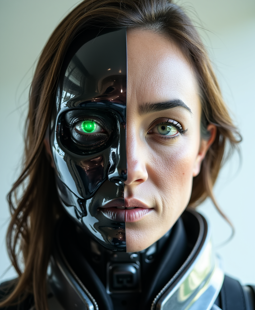 a photo of ALEMAP woman, a character who is half woman and half robot. the right half revealing a human face, while the left half showcases a robotic visage, characterized by sleek metallic surfaces and glowing artificial green eyes. 