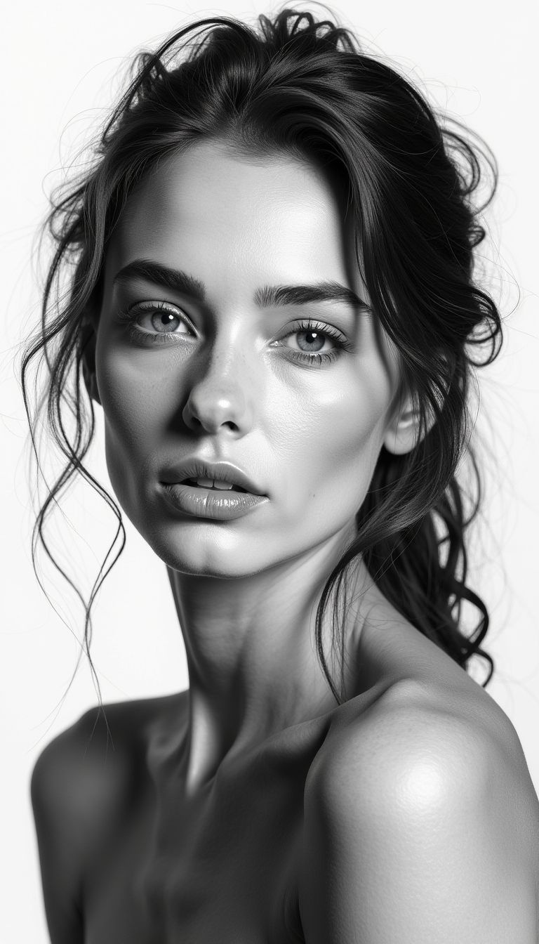 charcoal portrait of a beatiful woman, white background,  