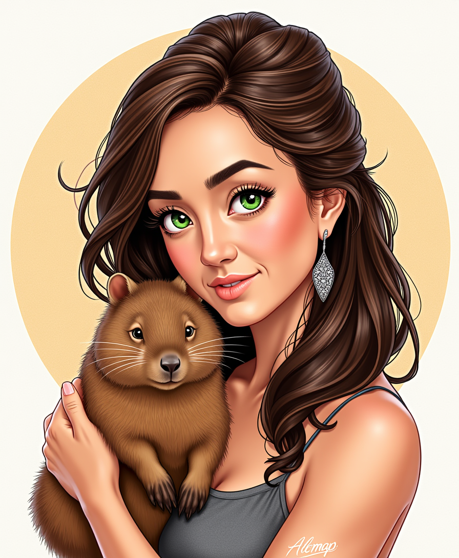 An illustration of ALEMAP woman, green eyes, with large earrings, holding a Capybara
