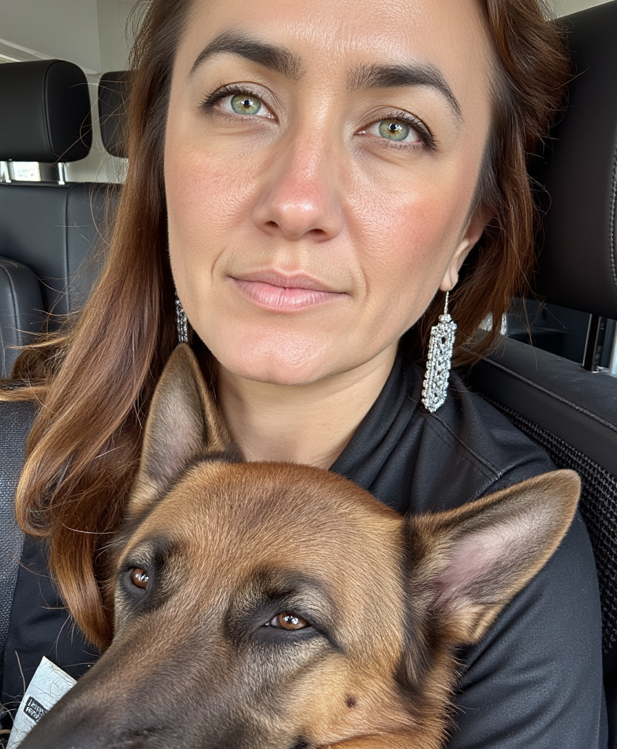  A photo of ALEMAP woman, green eyes, with large earrings, holding a teacup miniature german shepherd CIRCESHEPHERD dog