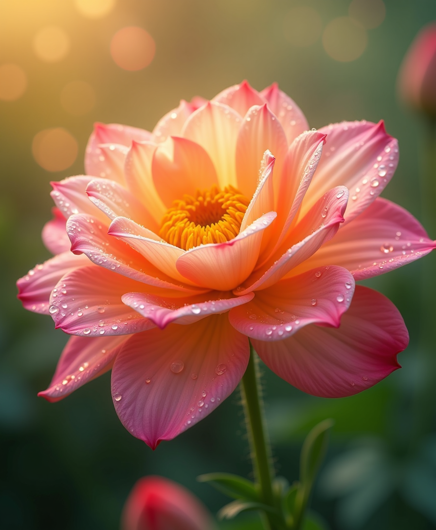 Create a hyper-realistic and detailed close-up of a beautiful, vibrant flower in full bloom. The flower should have delicate, intricate petals with gradient hues of pink, orange, and yellow, surrounded by dewdrops that shimmer in soft sunlight. The background should be softly blurred with a bokeh effect, featuring hints of greenery and a dreamy atmosphere. The lighting should enhance the textures and colors, evoking a serene and enchanting vibe - Ultra Realistics