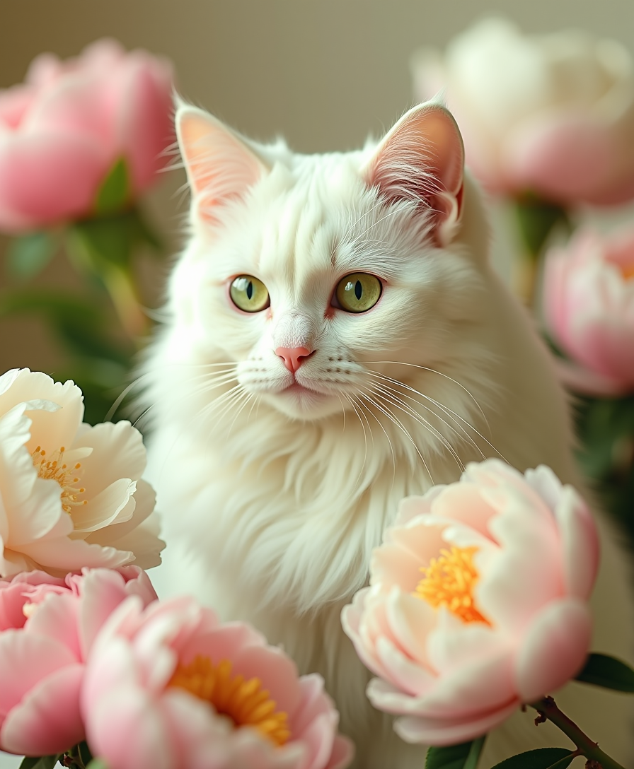 a dreamlike and vivid cinematic photograph of a majestic white cat, with velvety soft fur and piercing emerald green eyes, surrounded by lush, delicate peonies in various shades of soft pink and creamy white, set against a warm, creamy background with subtle film grain, evoking a sense of nostalgia and enchantment, with the cat's gentle gaze drawing the viewer's attention, as if lost in thought, amidst the whimsical, surreal atmosphere.