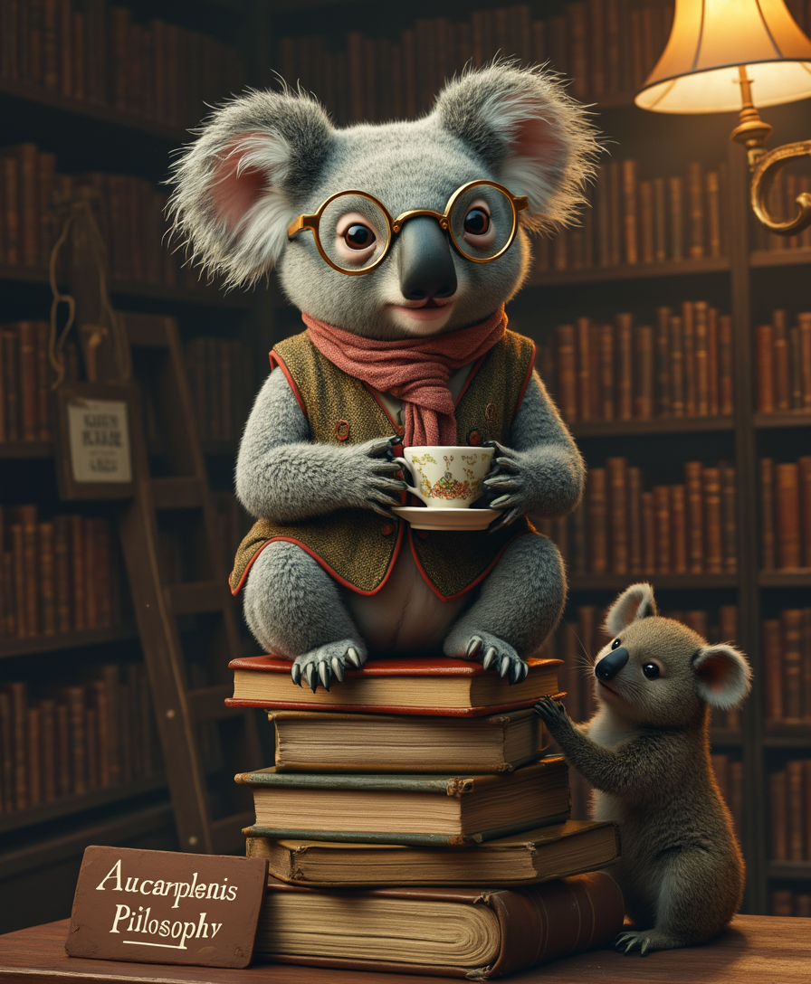 Hyper-realistic koala wearing a vintage tweed vest with elbow patches, round wire-rimmed glasses perched on its nose, and a tiny scarf draped over its shoulders. It sits atop a towering stack of books in a dimly lit, wood-paneled library, clutching a miniature teacup. Golden lamplight highlights its fluffy gray fur and the dust motes floating around antique bookshelves. Add whimsy: a ‘Quiet Please’ sign hanging from a nearby ladder and a possum peeking shyly from behind a book titled ‘Eucalyptus Philosophy’.