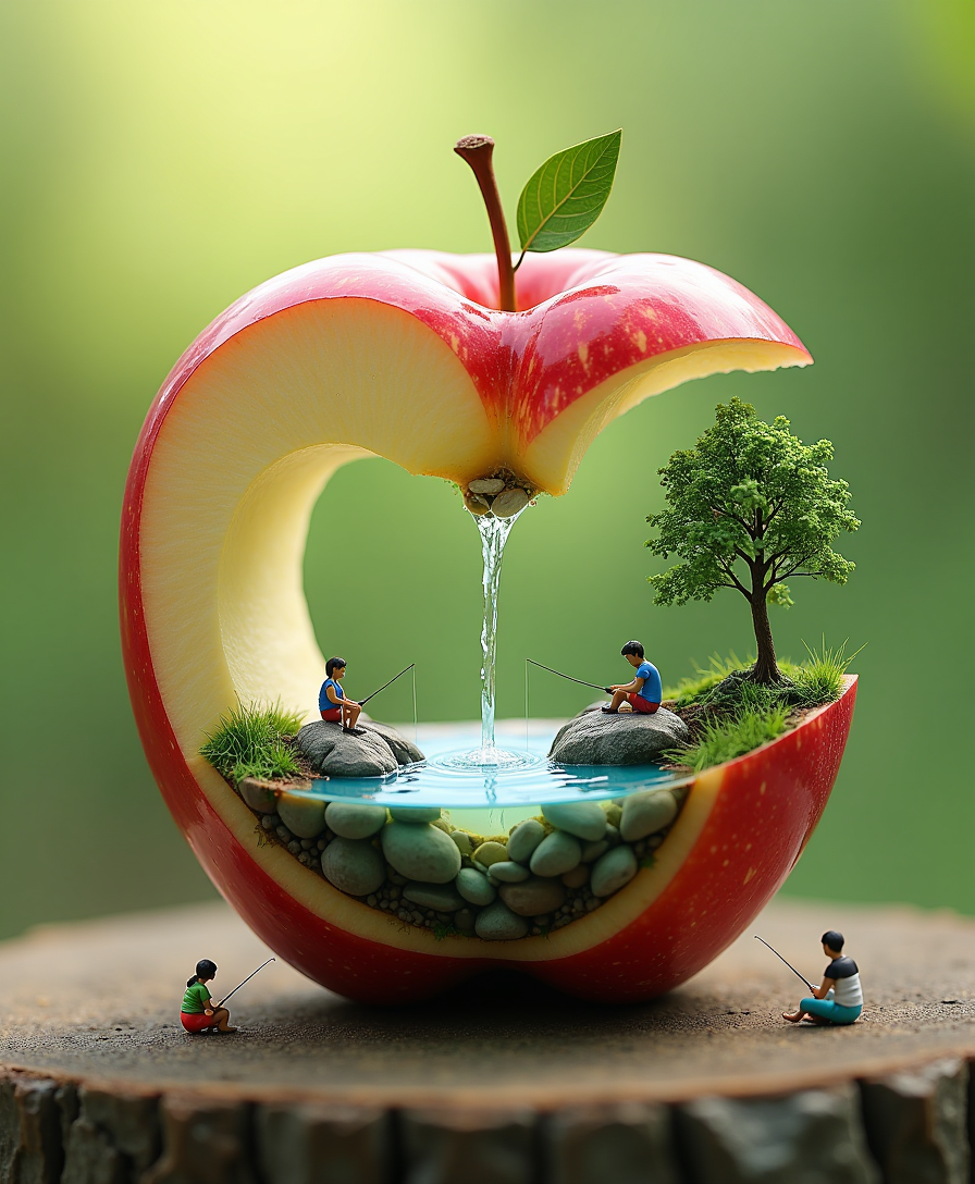 A surreal digital artwork of a halved apple forming a miniature landscape. The bottom half of the apple contains a small pond with crystal-clear blue water, surrounded by tiny lush green trees and realistic miniature rocks. The top half of the apple is floating above, pouring a delicate waterfall into the pond. Tiny, detailed figures of people are engaging in various activities around the pond, such as fishing, sitting, and admiring the view. The background is softly blurred, creating depth and emphasizing the central composition of the whimsical apple world.









