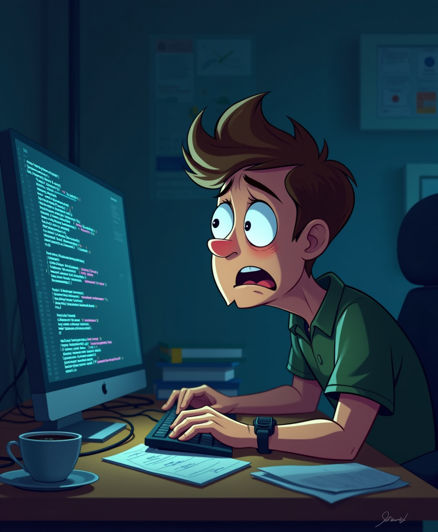 A realistic or cartoon-style programmer staring at the screen in shock and horror. His eyes are wide open, expressing confusion and disbelief, as if he doesn’t understand what he has just written in the code. The scene is set in a dimly lit workspace, with the computer screen casting a bluish glow on his face. The desk is cluttered with coffee cups, notes, and cables, adding to the chaotic atmosphere.







