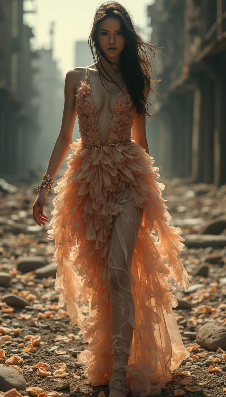 A cinematic photo of a brunette fashion model wearing a magical lilal flower petal-made dress, as she strides confidently through a desolate, dark post-apocalyptic cityscape, capturing the stark juxtaposition of beauty and decay, with the model's flawless skin glowing like a beacon of hope amidst the ravaged urban landscape. photographed with a shallow depth of field to blur the bleak surroundings, emphasizing her striking, rebellious pose. full body, golden hour.