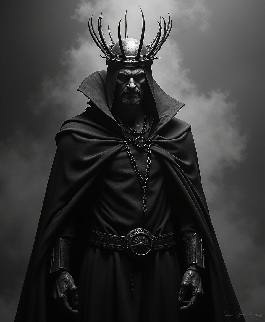 A black and white portrait of an ominous figure in dark attire, wearing a crown made from barbed wire and spikes, set against the stark backdrop of night with subtle hints of fog or mist, creating a mysterious atmosphere. The character's face is obscured by shadows, adding to their enigmatic aura. They appear powerful yet menacing, embodying both fear-inspired elements and a divine presence. Their posture exudes confidence and strength as they stand tall amidst the darkness.