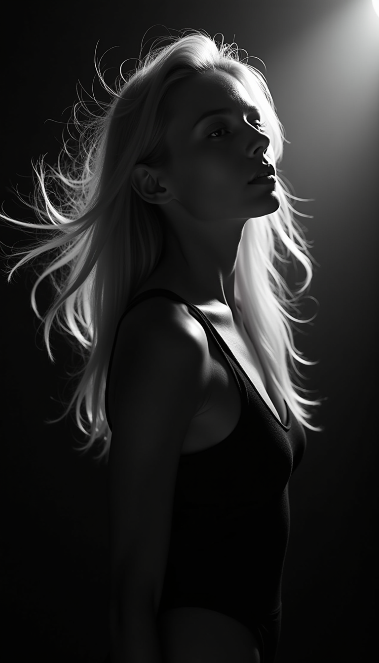 A black and white photograph of an attractive woman, her hair blowing in the wind. The title "jedrolil.com" is written in the top right corner. The background is dark, with light shining from the upper left side, creating an overall mysterious mood. The woman has long blonde hair and is wearing minimalistic . The lighting provides contrast between the shadowy parts of her face and body. The photo was taken in the style of Peter Lindbergh, conveying a sense of film noir aesthetic. 