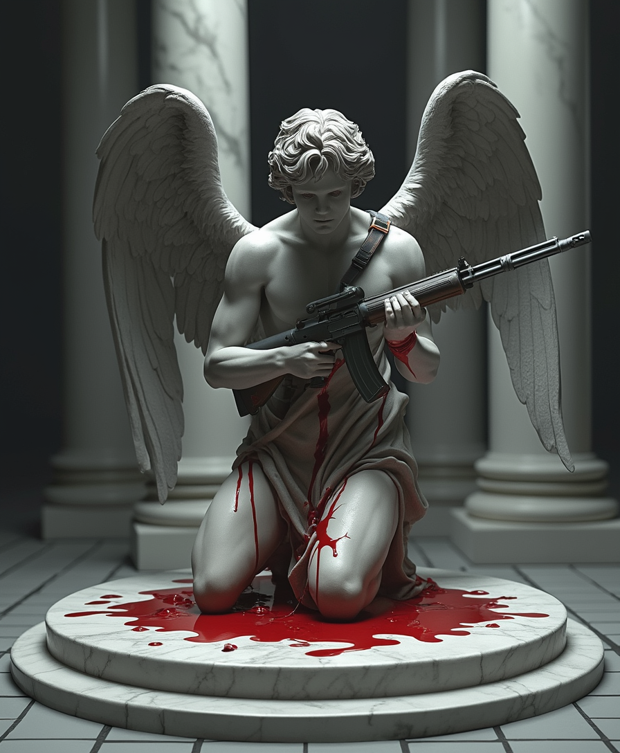 A statue of an angel kneeling with his wings spread and holding a rifle, the gun dripping red paint, with a pool of red liquid on the floor around him, against a black and grey background. In front of the figure is a white marble plinth with large columns behind him, in a digital art style, creating a horror scene with a dark mood and hyper-realistic, hyper-detailed rendering. 