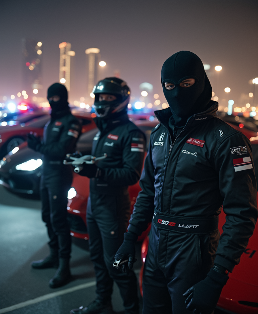 An intense shot of masked thieves dressed as racers, standing in front of a row of high-performance sports cars at night. One holds a crowbar, another adjusts a drone, while the mastermind plots the next move. Their black racing suits blend with the darkness, only their determined eyes visible under their helmets. A backdrop of Dubai’s glittering skyline and flashing police lights adds tension to the scene. The photo should be shot in a cinematic style and be rendered in a style that mimics the look and feel of kodak portra 400, full environment scene, soft light, [wide angle shot], warm muted colors, [center view], film grain, post processing, shot with leica summicron 35mm lens