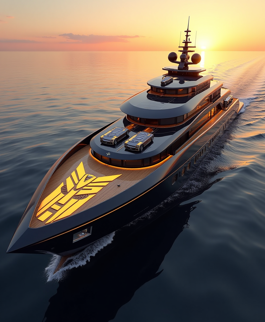 A luxurious yacht designed in the style of Transformers transforms into an animated version, inspired by a fighter jet with a black and gold color theme, featuring detailed elements like wheels on its deck and a large golden "Transformer" design in front of it. The yacht is set against an ocean backdrop at sunset, creating a dramatic effect. It has a futuristic appearance with sharp edges and metallic textures. 