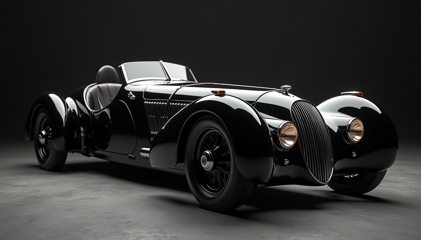 Steampunk sleek black car, perfect lines and details, chiaroscuro, dramatic light