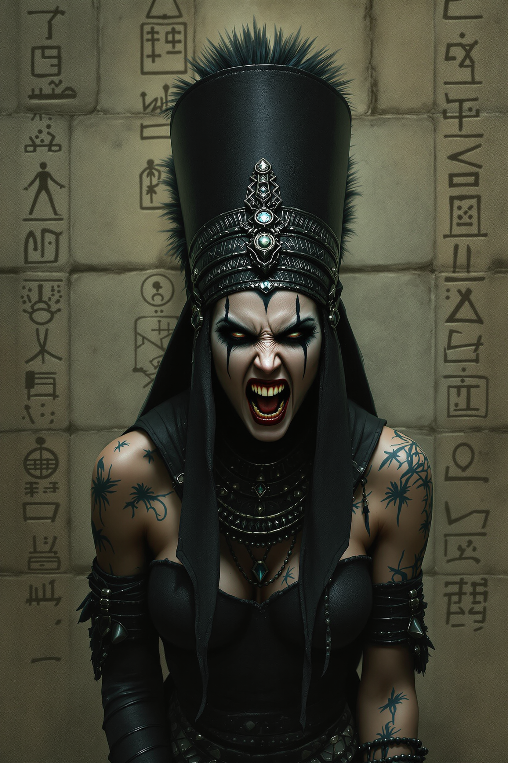 A Goth woman with heavy makeup, extensive facial markings and tattoos, wearing a black egyption style headdress, mouth open in an angry scream, bg stone wall with hieroglyphs, main colour palette black and dark greens, airbrushed fantasy art