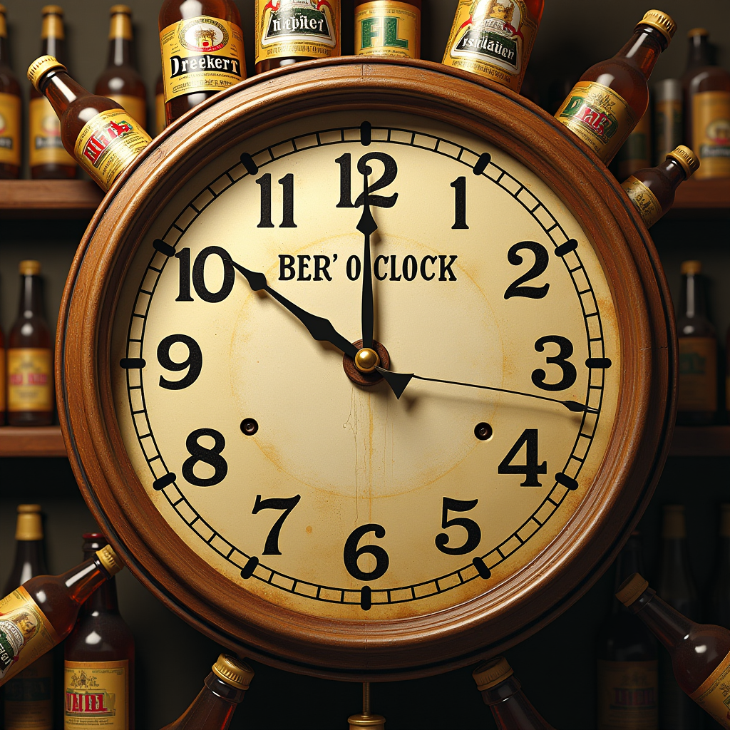 Hyper detailed realistic detailed clock, with beer bottles where numbers are text saying it's beer o'clock somewhere