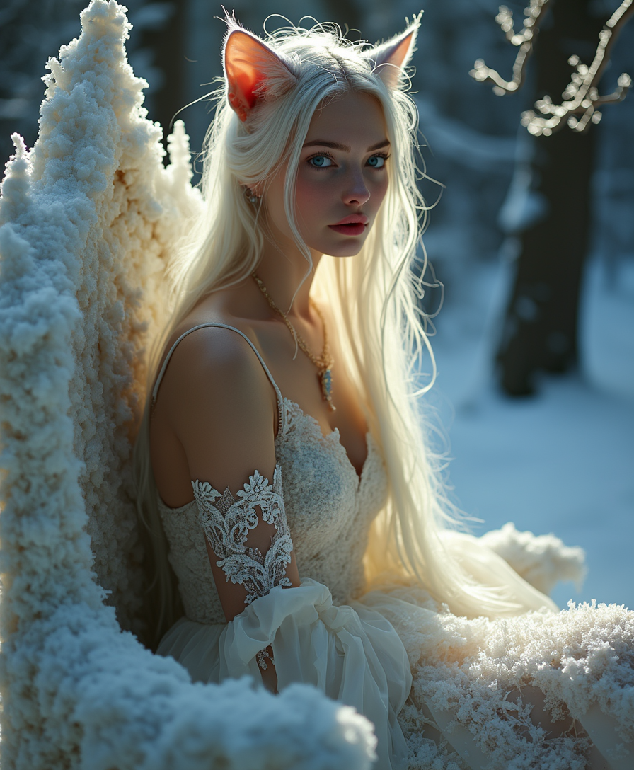 In the heart of a tranquil winter forest, a breathtaking figure emerges, seated regally upon a throne crafted from glistening snow, its surface sprinkled with crystalline frost that sparkles like diamonds in the soft light. The woman, a vision of ethereal beauty, possesses delicate feline features that lend her an otherworldly charm; her piercing blue eyes shimmer with an enigmatic allure, framed by long, white hair that cascades like a silken waterfall, fluttering gently in the crisp, cool air. She is enveloped in an elaborate white fantasy dress, intricately woven with silver lace that catches the light, radiating a soft glow that harmonizes with her pale skin, which seems to emit an inner luminescence under the diffused winter sunlight filtering through the skeletal branches above.

Surrounding her, the forest stands still, a serene tableau of white and silver, where snow-laden trees rise majestically, their boughs heavy with fresh powder. The air is crisp and still, imbued with a sense of calm and magic, as if time itself has paused to admire her presence. The composition draws the eye towards her serene expression, accentuated by a subtle blush that dances across her cheeks, while the perspective invites the viewer to step closer, to be enveloped in the enchanting atmosphere of this winter wonderland, where fantasy and reality intertwine seamlessly.