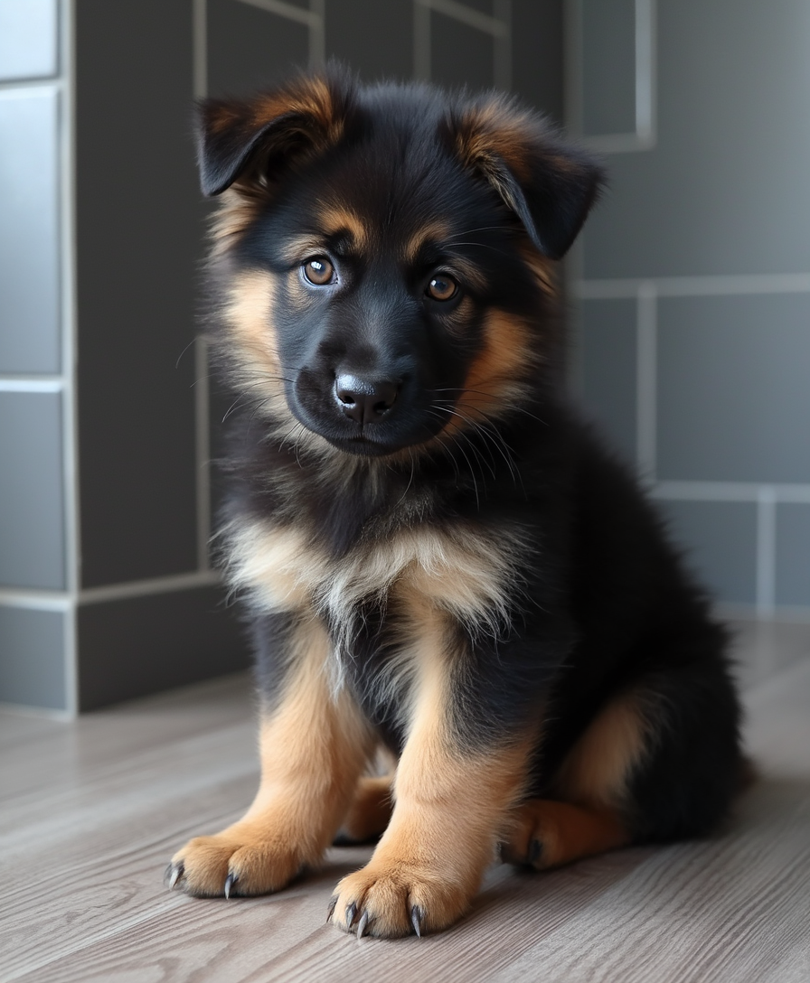 A fluffy German Shepherd puppy with deep brown eyes and soft black-and-tan fur, sitting on a wooden floor in a modern, tiled corner. The puppy's ears are slightly floppy, its gaze is innocent and longing, and its expression conveys sadness and hopefulness. The fur is thick, well-groomed, and slightly wavy, with a natural shine. The background features neutral grayish tiles and a cozy indoor setting. The lighting is soft and diffused, casting gentle shadows that enhance the puppy’s adorable yet melancholic expression.