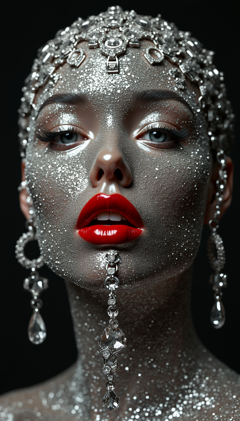 symmetrical face with red lipstick, the head is covered in chains and diamonds. Hanging from its mouth are crystal drops dripping down her chin, against a black background. Photo-realistic techniques create a shiny, glossy effect. In the style of Patrick Demarchelier, this image embodies a glittercore, y2k aesthetic with oversized objects 