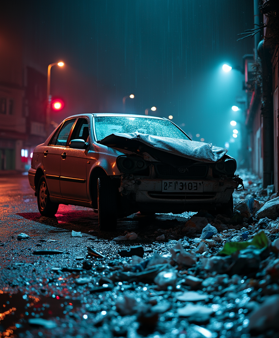 night, photo from an angle, carcrash, flash, broken glass, gloomy atmosphere, acid, garbage