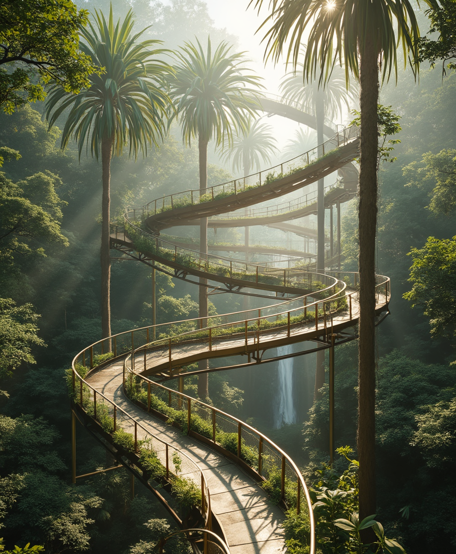 junya ishigami’s design of a 60 metre tall roller coaster ramp walk rising from a palm rainforest. Beautiful sunlight. Light steel structures ramps with plants, architecture details