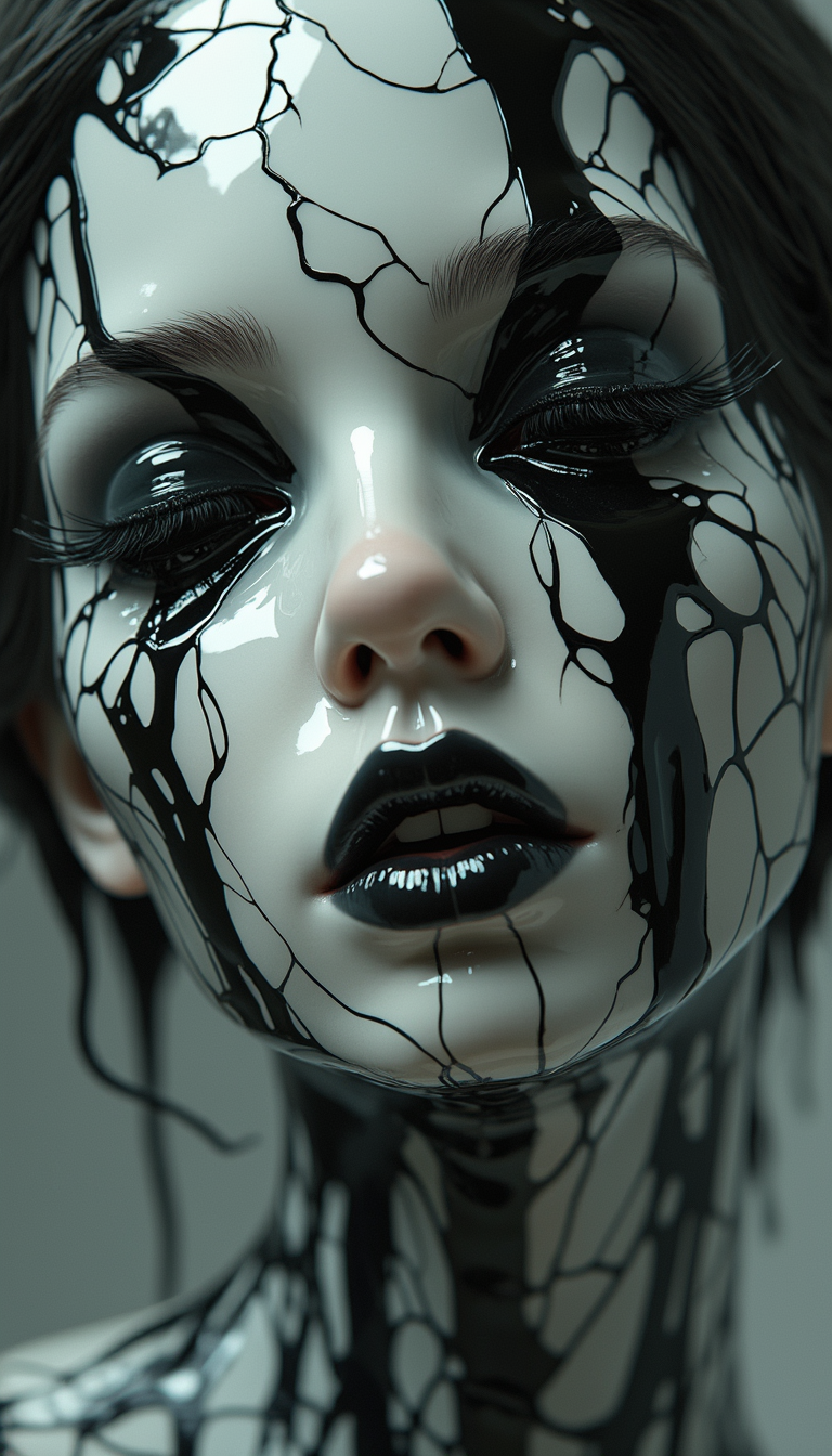 Hyper-realistic surreal artwork of a porcelain-like female face, cracked and infused with glossy black liquid flowing over and through the cracks. The face has an eerie, dreamlike expression, with long, delicate eyelashes and black lips. The liquid appears alive, dripping and forming abstract organic patterns. High contrast, ultra-detailed, and cinematic lighting. 4K resolution, large-scale composition