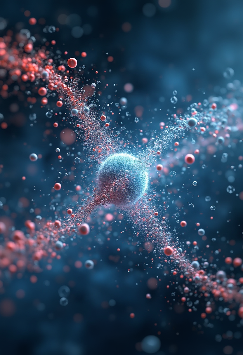 a scientific image of the concept of quantum entanglement, showing two particles matching characteristics at a distance through the quantum realm