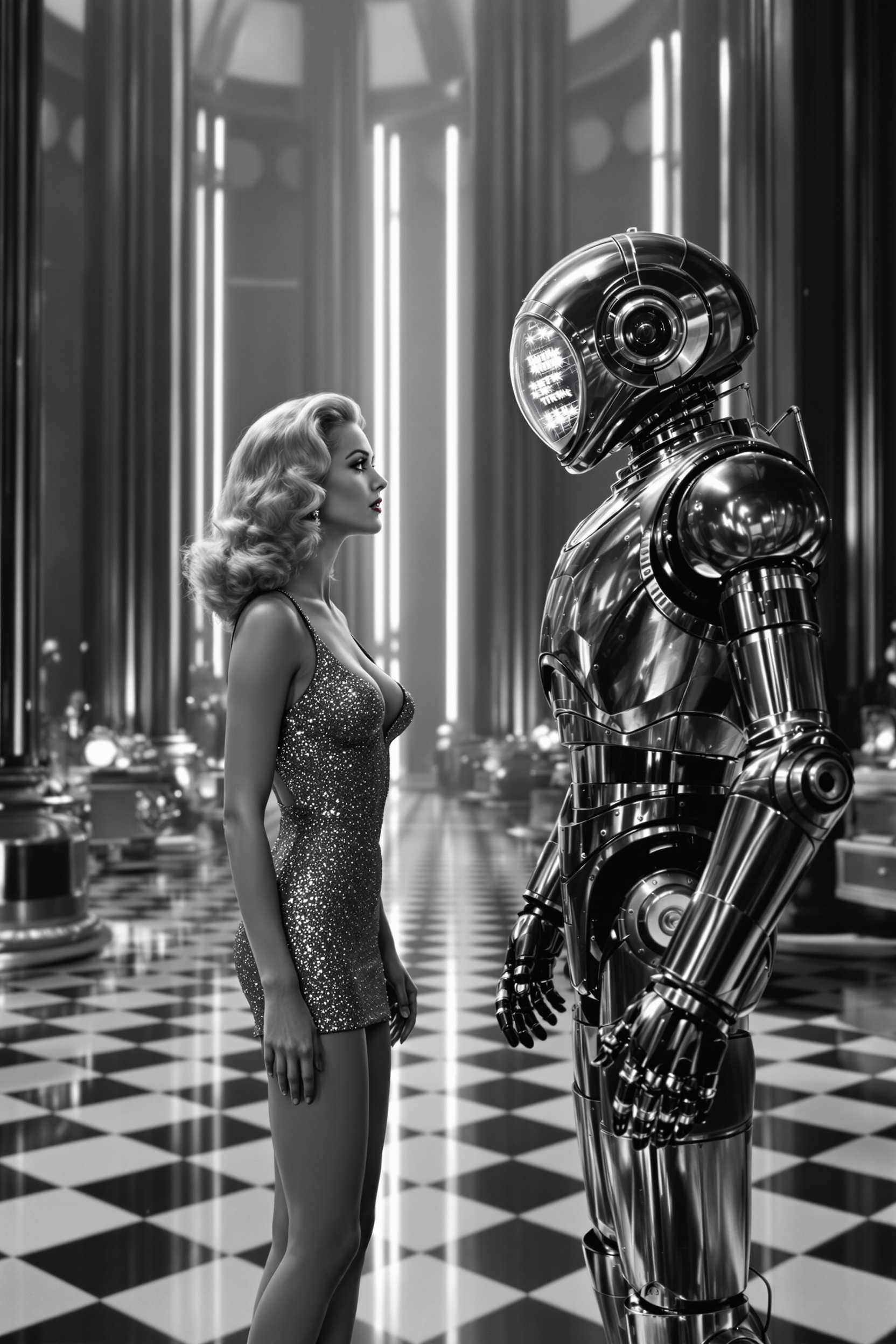 In this still frame from a 1950's science fiction movie, a beautiful blonde actress with wavy hair styled in a glamorous 1950s fashion, wearing a very short, shimmering metal mesh dress with a plunging neckline that sparkles under the lights, is positioned at the center of the frame. She is seen talking to a large humanoid robot with a glass dome for a head. Inside the dome, twinkling lights flicker, giving the robot an almost sentient presence. The robot, made of shiny metal, has articulated arms and legs, and stands facing the actress. 

The scene is set inside an alien laboratory, depicted with grandiose, futuristic architecture. Large vertical structures traverse the space, casting elongated shadows on the black and white checkerboard floor that is highly reflective, creating an almost surreal visual effect. The lighting is dramatic, with high contrast typical of the black and white film era, highlighting the reflective surfaces and the intricate details of the laboratory equipment scattered around. The overall mood is tense and mysterious, capturing the essence of classic science fiction, with an air of suspense and otherworldly intrigue.