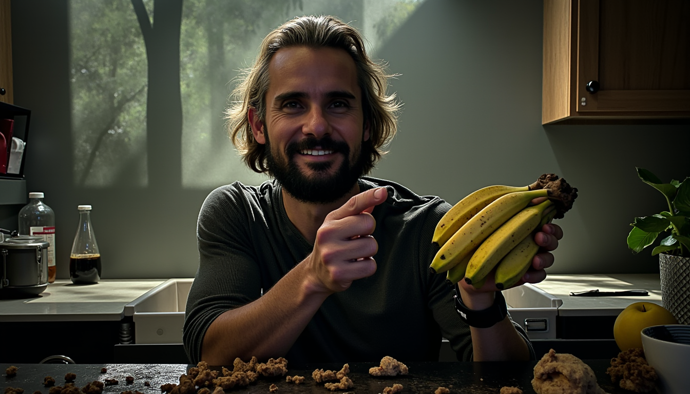 a photo of TOK, a man holding a bunch of bananas