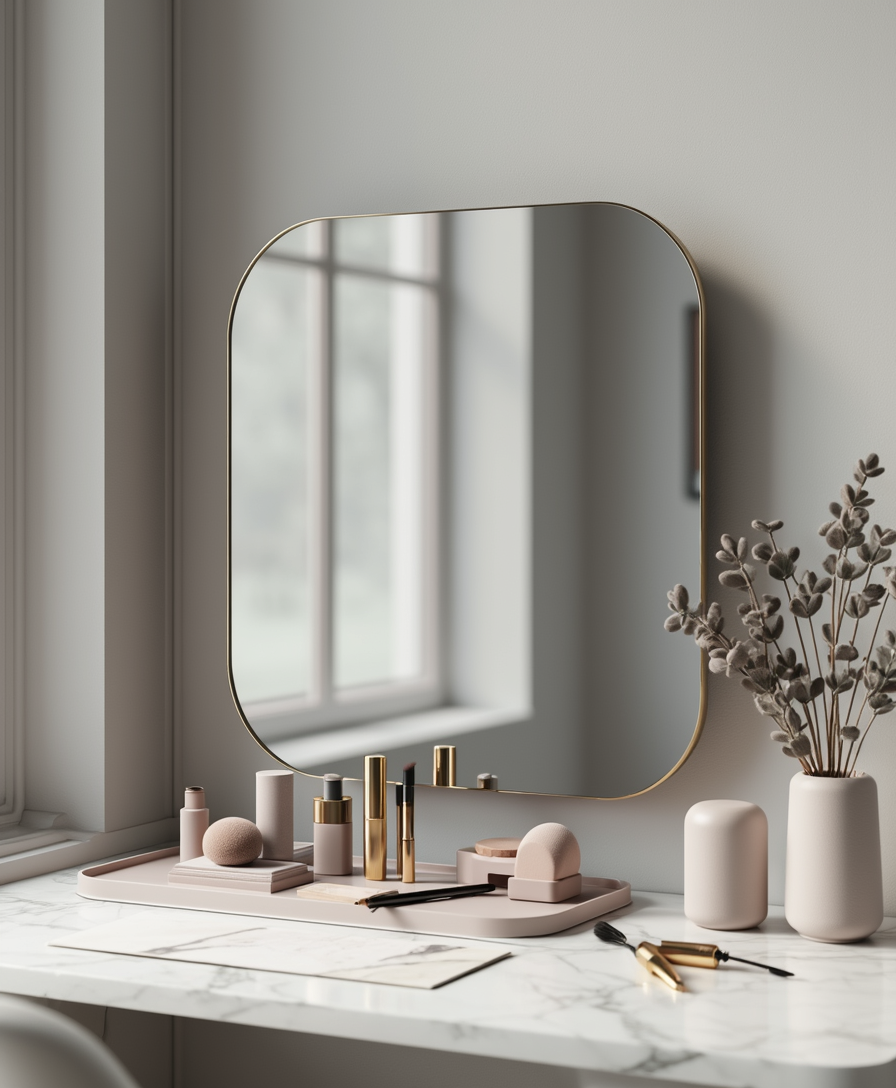 Minimalist luxury vanity table with a large irregular-shaped organic mirror, soft matte grey tones, neatly arranged cosmetics including lipstick, eyebrow pencil, powder puff, eyelash brush, mascara tube, and beauty blender, clean architectural lines, diffused natural lighting, muted pastel accents, marble texture surface, contemporary Scandinavian design, muted gold hardware details, airy negative space composition, ultra HD 8k render