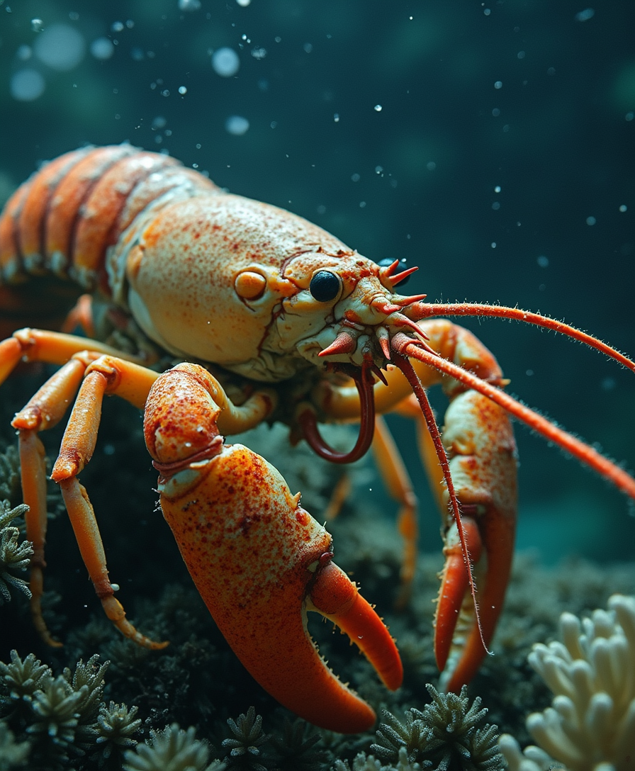 Underwater art photography of a lobster. Analog shot. Grainy. Low exposure. Dark colors. Cinematic feel. National Geographic winning photo. 