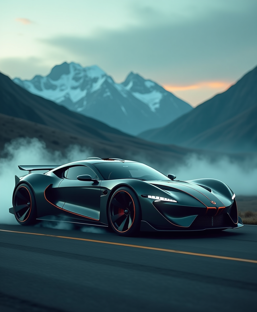 Car Concept: The image features a creatively designed vehicle that seamlessly blends military ruggedness with modern aesthetics, set against a dramatic mountain backdrop. The foreground is dominated by a vintage black sports car, adorned with sleek white and orange accents, its metallic finish gleaming under ambient, reflective lighting. The vehicle appears to be cruising through a veil of fog, which adds an intense atmosphere to the scene. 

In the background, a gradient of dark and teal colors melds with the natural landscape, slightly blurred to enhance the focus on the vehicle. The composition spotlights the car's fluid lines and innovative wheel design, merging the luxurious style of a sports car with the robust appeal of military vehicles. The breathtaking mountain skyline creates a vibrant contrast to the car, emphasizing its striking presence as it navigates through the ethereal fog.
