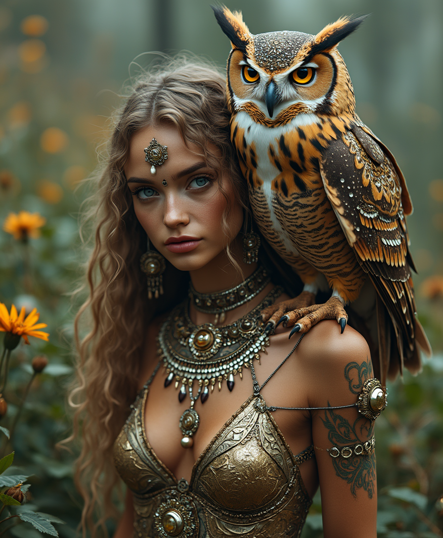 A beautiful woman with little metal clothes. On his shoulder rests a beautiful and imposing owl. The woman's face is decorated with mandala-style ornaments. The image takes place in a wild and magical environment . 8K Resolution