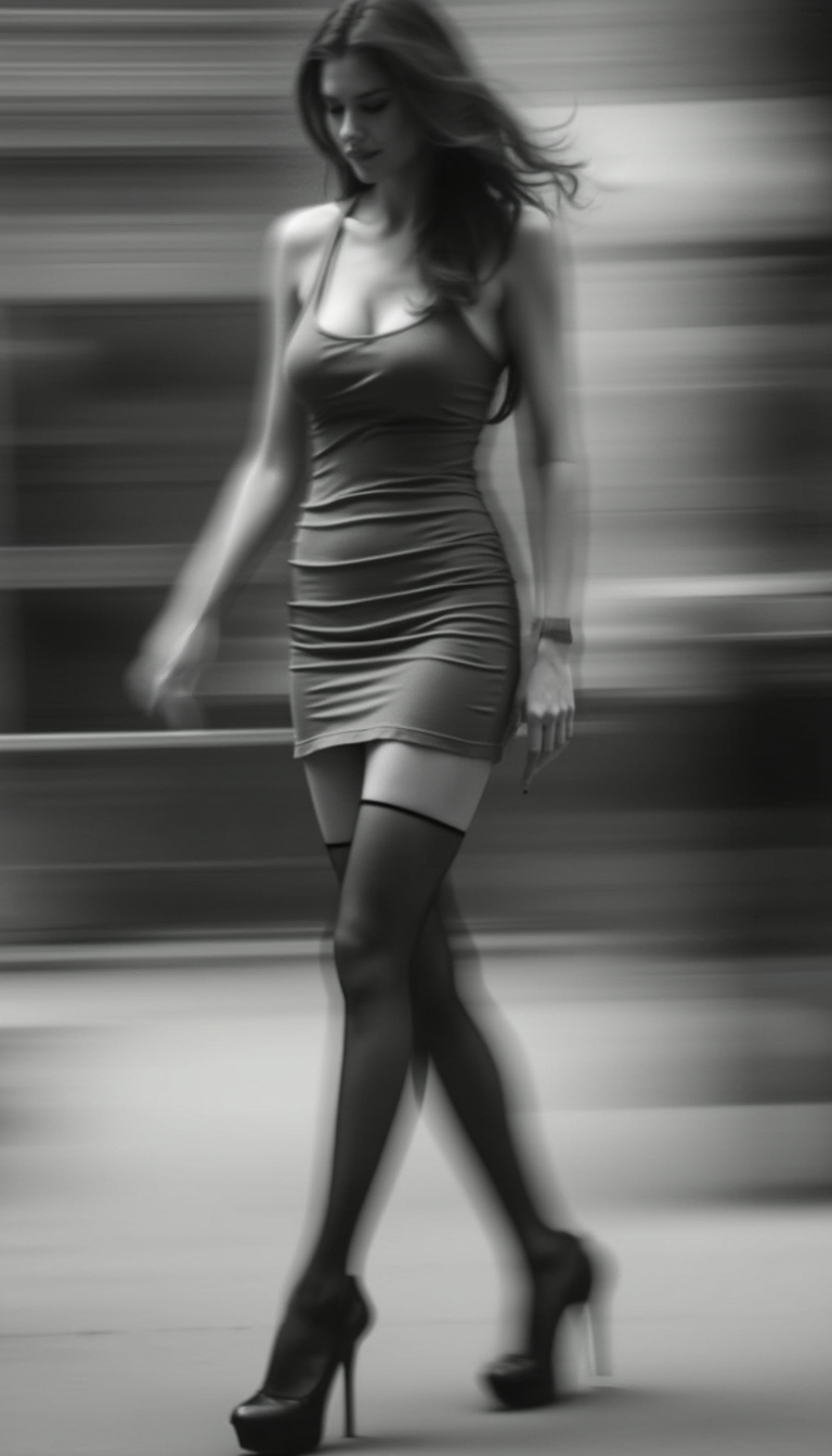 Full-body, blurry black-and-white photograph of a woman in a short dress, stockings, and heels, with a motion blur effect.