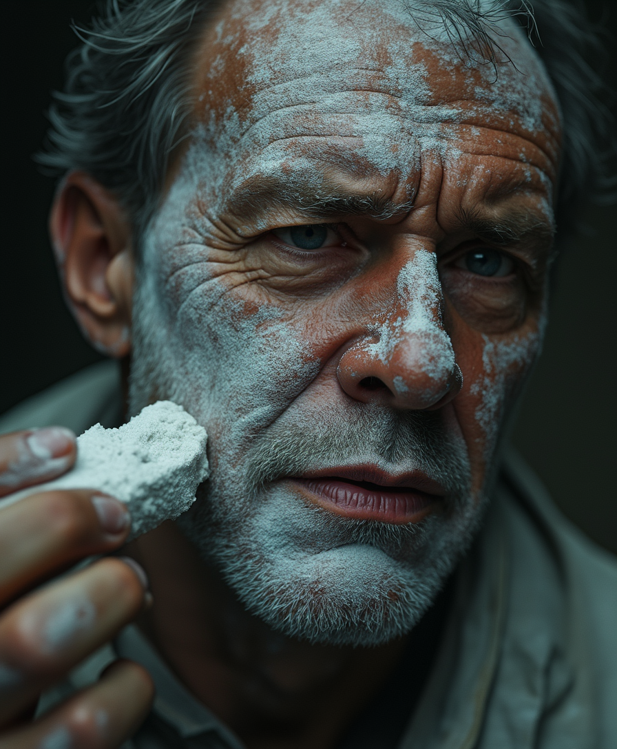 extreme closeup of a grizzled man's chin and cheek. applying starchy white face paint with a dirty sponge in hand. dark and gritty. photorealistic. uhd. 8k. ultra detailed.