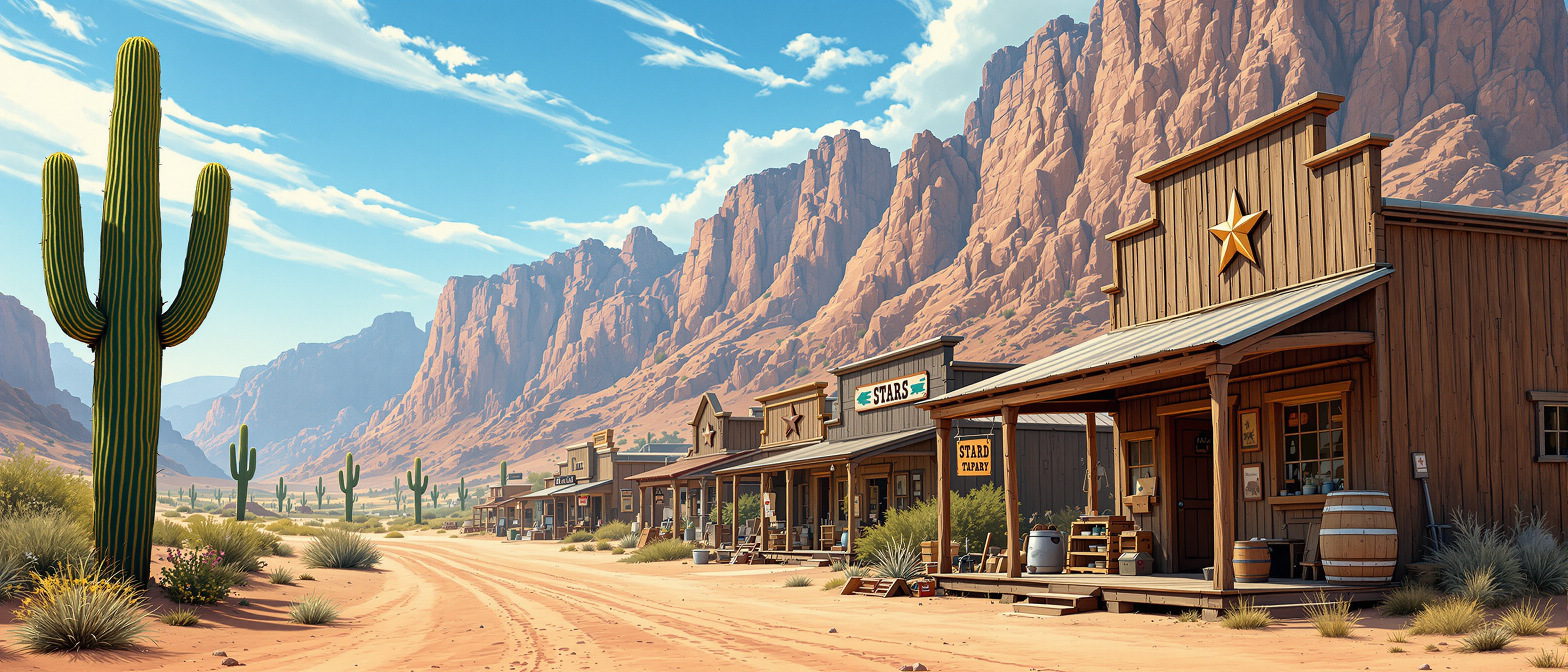 This image depicts a tranquil scene of a desert town, reminiscent of the American Old West. The art style is realistic with a touch of impressionism, capturing the play of light and shadow on the rugged terrain. The medium appears to be a highresolution photograph, given the clarity and detail in the image.Colors in the image are warm and earthy, with the dominant hues being browns, greens, and blues. The sky is a clear, bright blue with wispy clouds, suggesting a sunny day. The desert floor is a dusty brown, and the wooden structures have a natural, weathered look, with varying shades of brown and gray.Objects in the image include1. A tall saguaro cactus stands prominently on the left, with its distinctive cylindrical shape and spiky arms. The cactus is green with hints of yellow, indicating it may be in a state of drought or its a younger plant.2. To the right, theres a weathered wooden building with a corrugated metal roof. The building has a porch supported by wooden columns and beams, with a rustic charm. On the porch, there are several objects including a large barrel, a metal bucket, and a wooden crate. A star decoration hangs on the wall, adding to the oldwestern aesthetic.3. In the background, there are several similar wooden buildings, each with a porch and various items on display, suggesting they are shops or homes. The buildings are set against a backdrop of rugged mountains with steep cliffs, creating a majestic and imposing presence.4. Sparse desert vegetation can be seen, with small shrubs and bushes dotting the landscape, adding a touch of life to the otherwise barren terrain.5. The dirt road in the center of the image leads towards the mountains, inviting the viewer to imagine the journey one might take through this desert town.Overall, the image evokes a sense of nostalgia and tranquility, capturing the essence of a bygone era in the American Southwest.