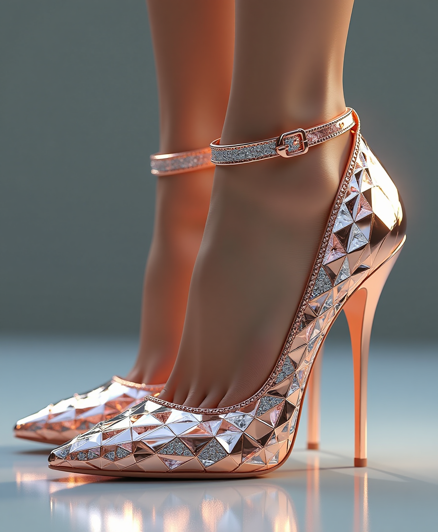 Create a pair of high heels with a futuristic luxury design, featuring metallic shades of polished chrome, rose gold, and platinum that evoke a sense of opulence and sophistication, with a mesmerizing interplay of reflective surfaces and subtle gradient effects that accentuate the shoes' modernity. Incorporate intricate, 3D-like geometric patterns that seamlessly blend with expertly faceted crystals, extending up to the under legs, creating a dazzling visual effect that seems to shift and shimmer as the light catches the crystals' carefully angled surfaces. The crystals themselves should boast sharp, angular cuts, with precision-polished facets that refract light and add an extra layer of depth, dimensionality, and luxury to the design. The overall design should be ultra-detailed, with an 8K quality that showcases the heels' sleek, slender, tapered stiletto shape and delicate ankle strap, which features a slender, rose gold buckle that underscores the shoes' futuristic appeal. Every aspect of the design should exude modernity, sophistication, and high-end luxury, making the heels look like they belong in a futuristic fashion show or a high-end jewelry collection, with a sense of precision, craftsmanship, and attention to detail that elevates the design to true masterpiece status.