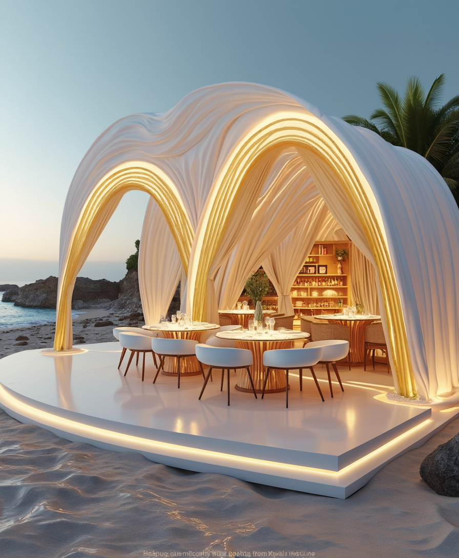 Example: A fancy popup restaurant on the beach made of golden arches and flowy white fabr